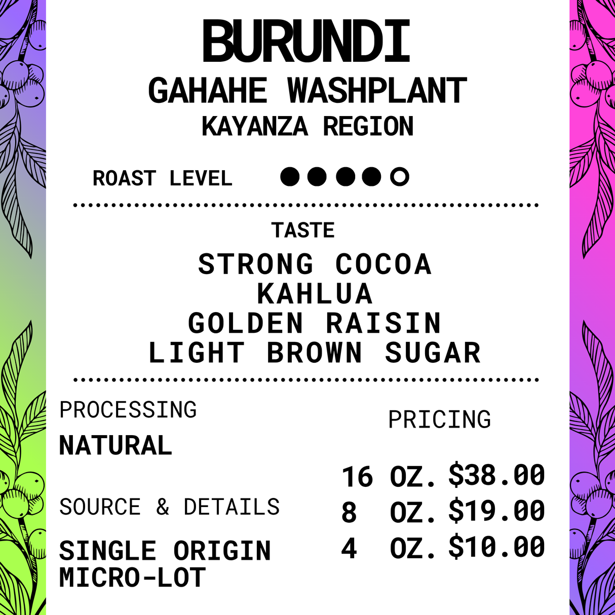 Burundi Microlot - Gahahe Single Origin - Medium/Dark Roasted Coffee