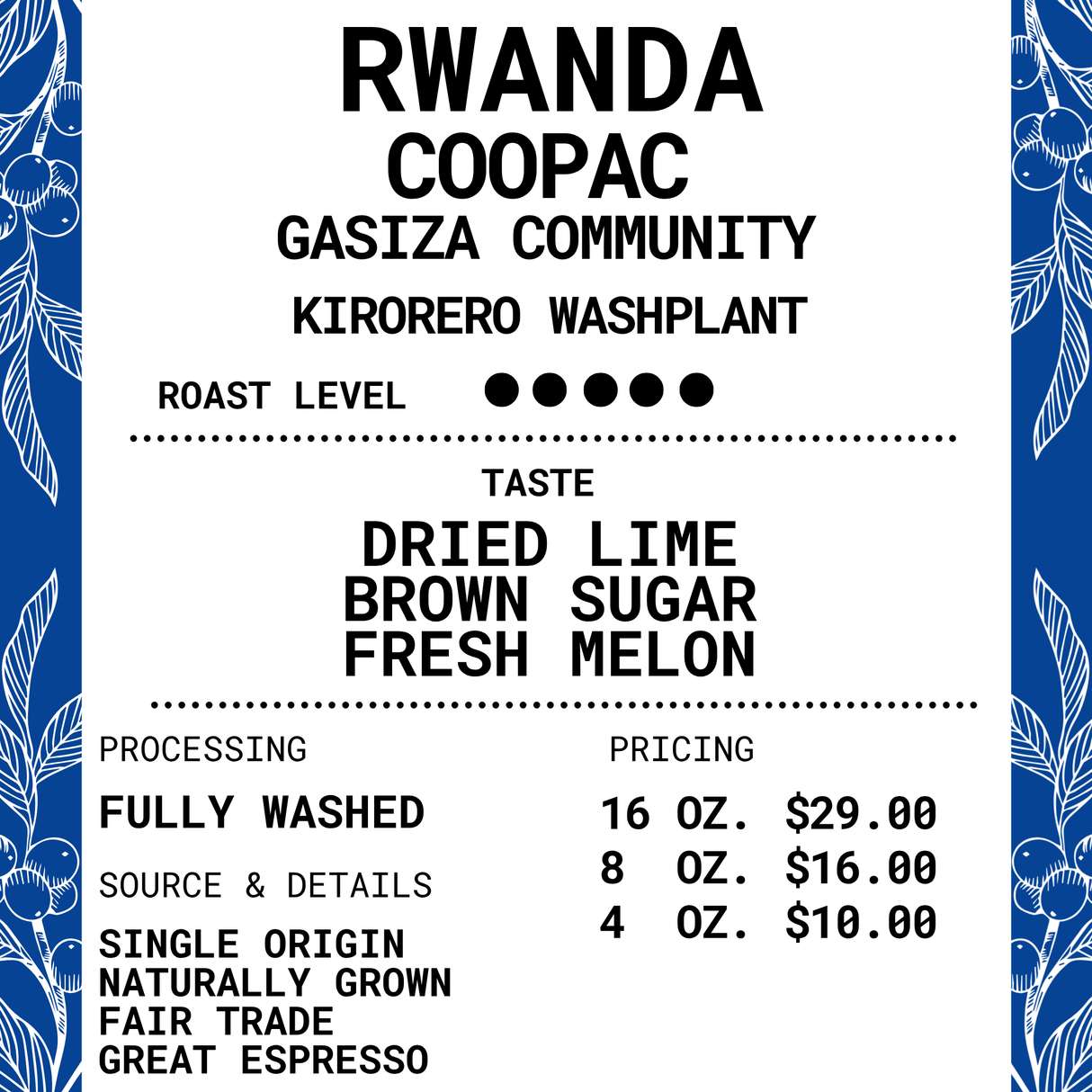Rwanda Coopac - Kirorero Washplant - Gisiza Community Microlot Roasted Coffee