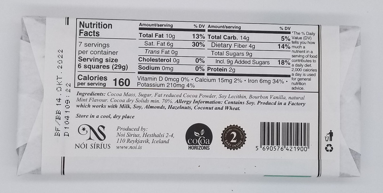 70% Dark Mint Chocolate Ingredients