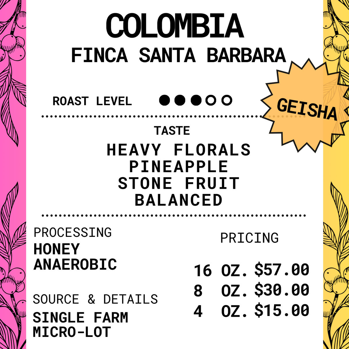 Colombia Honey Processed Gesha Coffee - Finca Santa Barbara