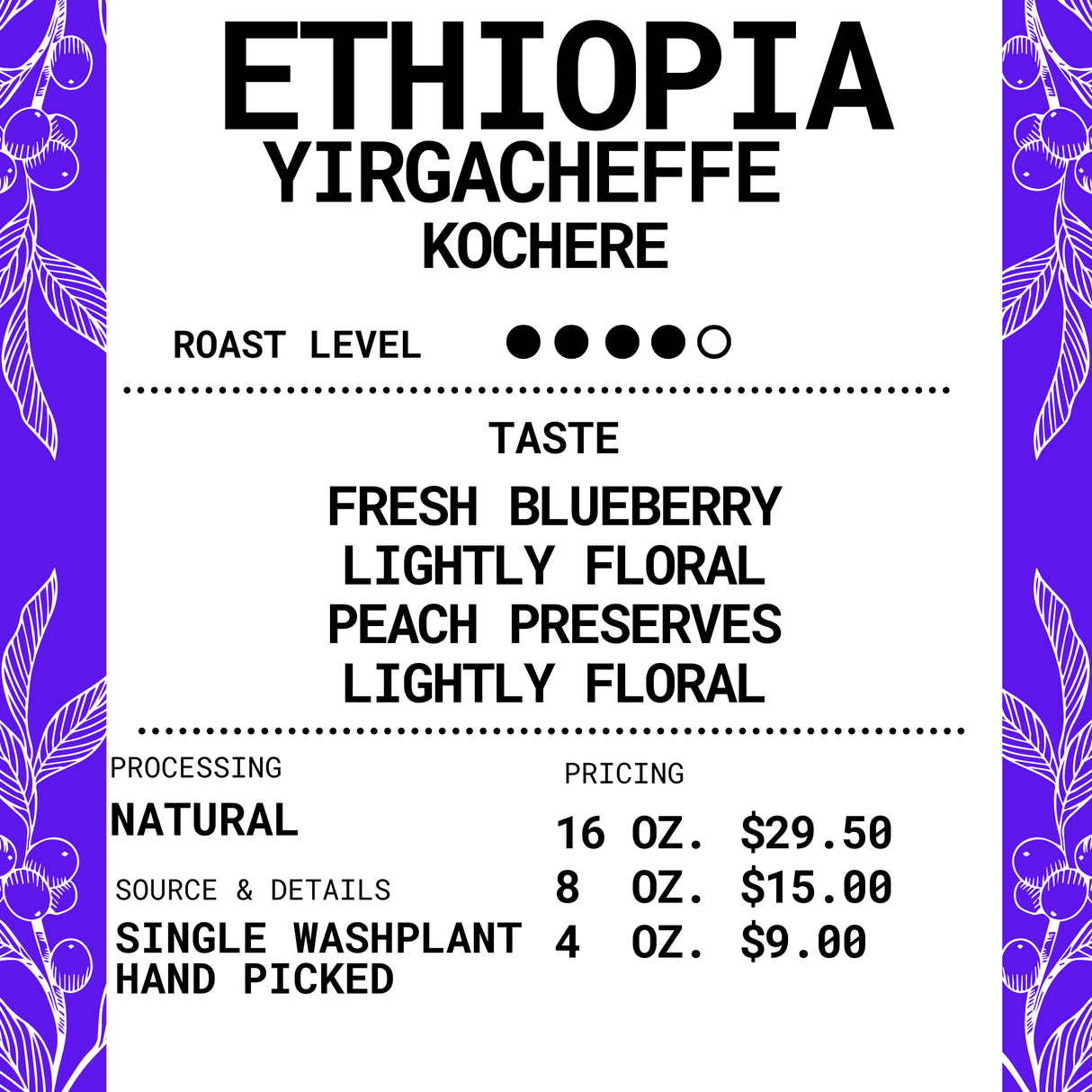 Ethiopia Yirgacheffe - Kochere Natural - Roasted Coffee