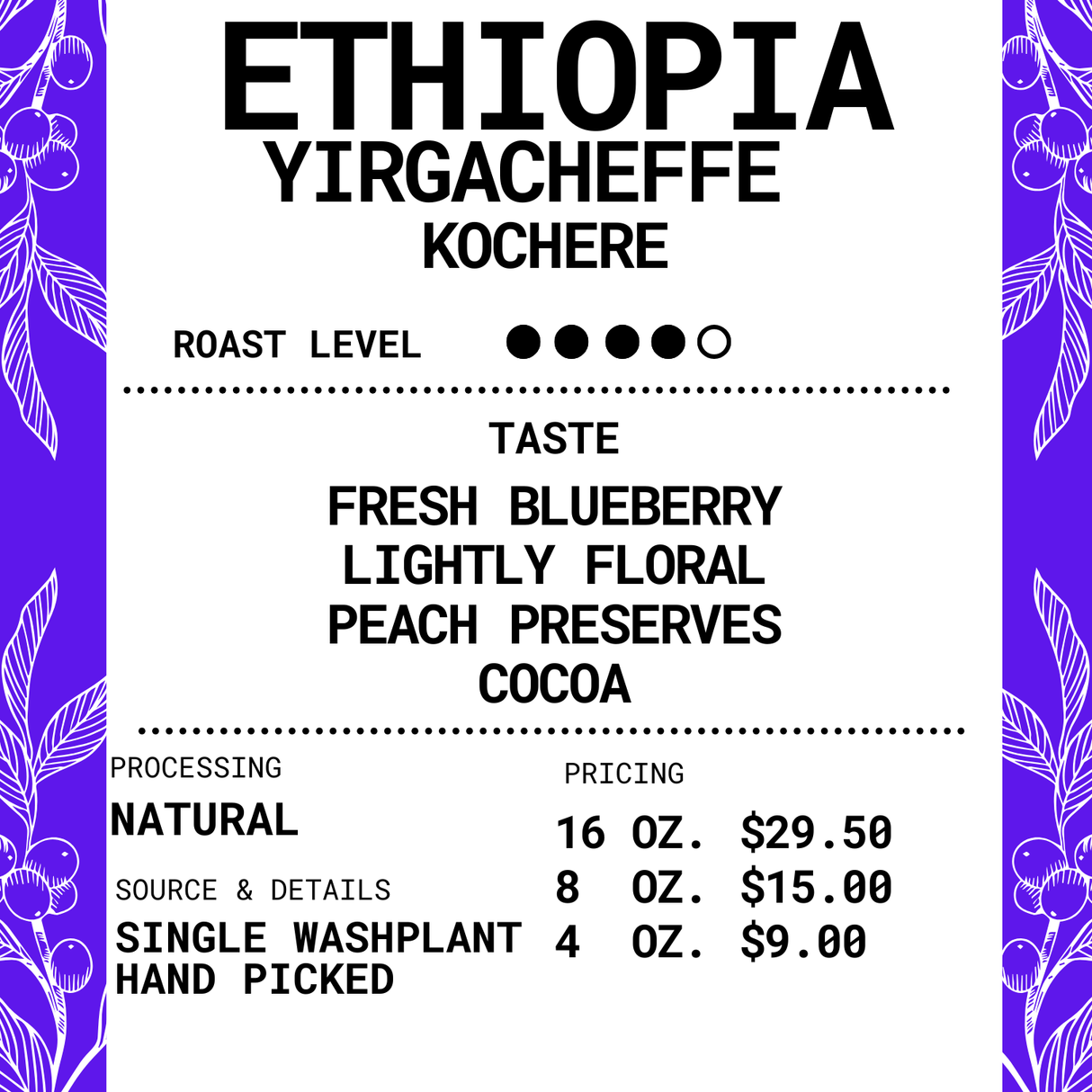 Ethiopia Yirgacheffe - Kochere Natural - Roasted Coffee