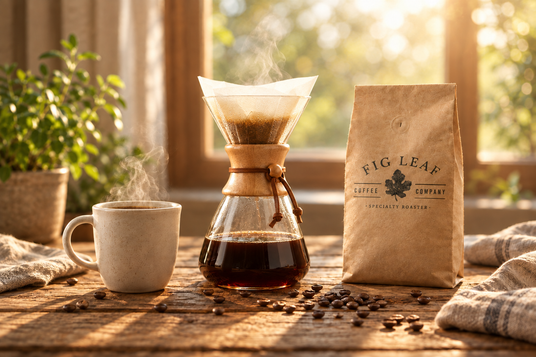 Fig Leaf coffee scene with a Chemex pour-over