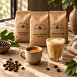 Three Fig Leaf coffee bags in a sunlit espresso scene